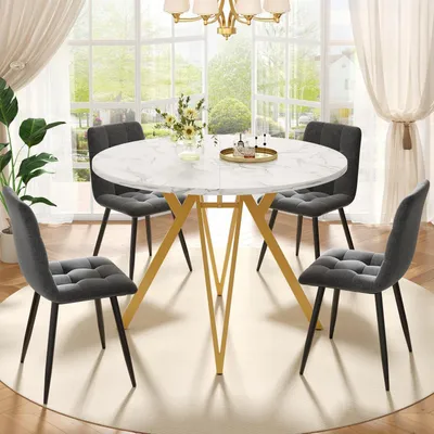 Produktbild von Essgruppe Esstisch mit 4 Stühlen Rund 100cm Weiß Marmoroptik Goldene Beine Grau Leinen