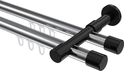 Produktbild von Interdeco Innenlaufstange / Gardinenstange mit Innenlauf Chrom / Schwarz, Typ Prestige Santo (Kappe), 20 mm Ø 2-läufig, 600 cm
