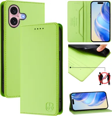 Produktbild von Lederhülle für iPhone 16 Hülle Flip Brieftasche Kartenfächern Ständer Schutzhülle Grün
