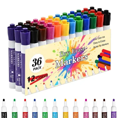 Produktbild von Whiteboard Marker 36er Set, 12 Farben, 2,7 mm Rundspitze, trocken abwischbar, geruchsarm