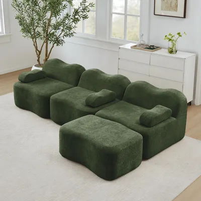 Produktbild von Wellenförmiges Dreisitzer-Modulsofa L-Form, Samt, mit Ottoman, Tiefensitz, 288 x 167 x 70 cm, Grün
