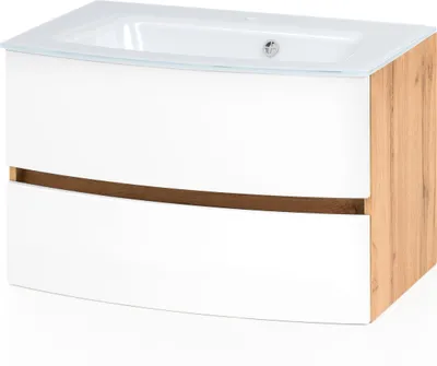 Produktbild von Waschtisch Waschbecken Badschrank Badtisch "Kopenhagen I" Wotaneiche, Matt Weiß