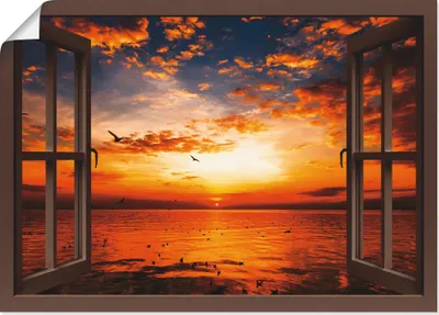 Produktbild von Songchai W: Fensterblick - Sonnenuntergang am Strand mit wunderschönem Himmel, Produkt:Poster, Größe (HxB):50x70 cm / Poster