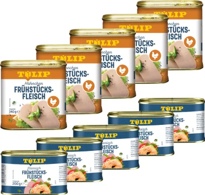 Produktbild von TULIP Bundle 5x Frühstücksfleisch 200g 5x Hähnchen 340g Konserve Delikatesse