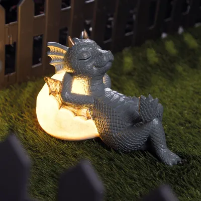 Produktbild von LED Dekofigur Drache auf Stein 24 cm Gartenfigur warmweiß Innen Außen