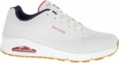 A white Skechers sneaker with red and blue accents is shown from the side.
