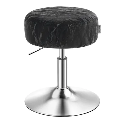 A black stool with a silver base and adjustable height.