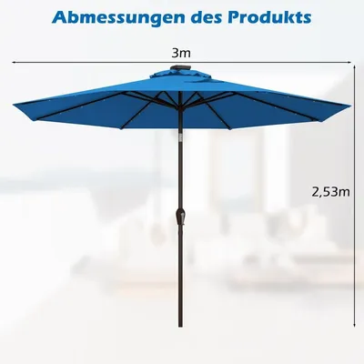 Zdjęcie produktu dla Oświetlenie LED Parasol wspornikowy, okrągły parasol, parasol ogrodowy zasilany energią słoneczną, korba niebieska