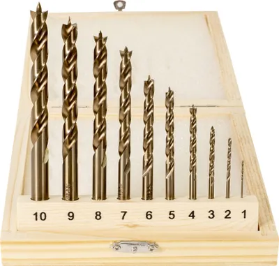 Immagine prodotto di Set di punte per legno STIER HSS Cobalt 10 pezzi, tutte le misure da 1 a 10 mm, acciaio rapido, con punta di centraggio, in pratica scatola di legno, per qualsiasi tipo di foratura