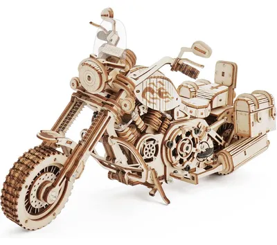 Productafbeelding van 3D-puzzel, houten model van een motorfiets met een cruiser-stijl en een veerophanging