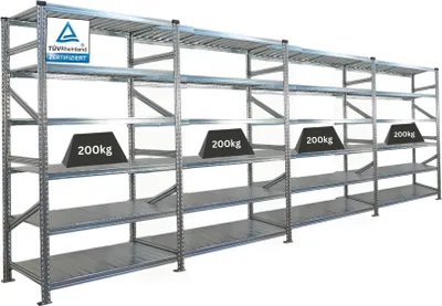 Produktbild von Fachbodenregal PROXIMO mit  Stecksystem | Komplettregal | HxBxT 210x480x60cm | 6 Ebenen | Beidseitig nutzbar | Verzinkt