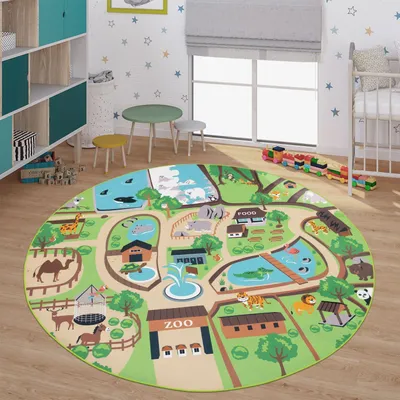 Produktbild von TT Home Kinder-Teppich, Spiel-Teppich Für Kinderzimmer, Zoo Mit Tiger, Bär, Bunt Größe 160 cm Rund