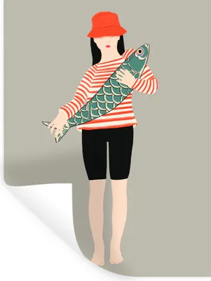 Produktbild von MuchoWow® Wandtattoo Wandsticker Wandaufkleber Frau - Fisch - Jahrgang 60x80 cm Selbstklebend und Repositionierbar - Repositionierbar - Wasser abweisend