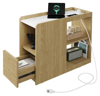 Produktbild von Schmaler Beistelltisch - Sofatisch mit Ladestation - Rollbar mit Schublade und Ablagen - Für Wohnzimmer und Schlafzimmer - Eiche