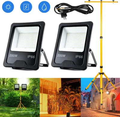 Obrázek produktu pro XINZI 2*200W LED reflektor teplá bílá se žlutým stativem - LED reflektor, nastavitelný žlutý stativ, pro zahradu, garáž, vnitřní prostory