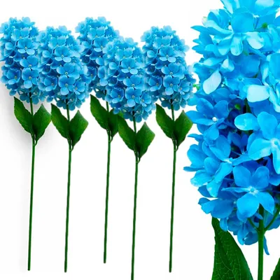 Produktbild von Kunsthortensie Blau 5er Set künstliche Blumen 90 cm Hortensienzweig für Vase Gesteck Tisch Deko wie echt