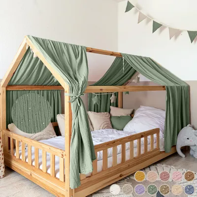 Produktbild von Musselin Hausbett Himmel für Kinderzimmer mit Gold Applikation