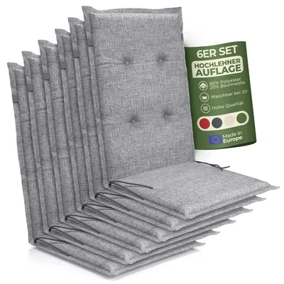 Produktbild von Hochlehner Auflage Florence– Gartenstuhlauflage Hochlehner, Sitzkissen Stuhl, Stuhlkissen & Outdoor Kissen für Gartenmöbel, Farbe:Grau, Anzahl:6