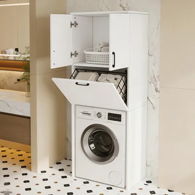 Productafbeelding van Merax badkamermeubel voor wasmachine, wasmachinemeubel met dubbele deuren, metalen mand, soft-close sluiting, 65 x 40 x 180,5 cm, wit