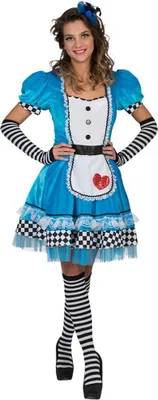 A woman is posing in an Alice in Wonderland-themed costume.