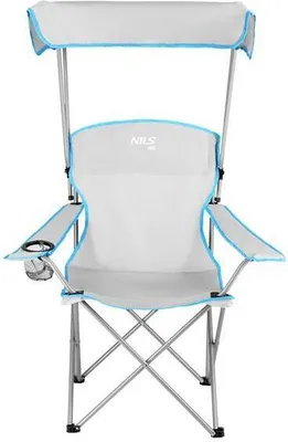 Produktbild von NILS CAMP Campingstuhl Grau, faltbar, mit Sonnendach, Becherplatz, rutschfesten Füßen, höhenverstellbaren Armlehnen & integrierter Tragetasche \u2013 110 kg Tragkraft, 600D Oxford PE-beschichtet, Packmaß 86x15x17 cm, 3,5 kg, Modell Nc3087