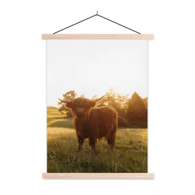 Produktbild von MuchoWow® Textilposter Schottischer Hochländer - Gras - Sonne 40x53 cm mit holzfarbenen Rahmen - Schlafzimmer