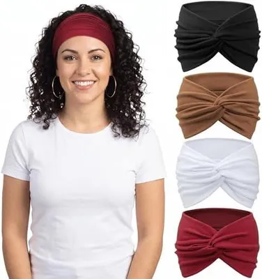 Produktbild von 4 Stück Damen-Haarbänder für Sport – elastische Stirnbänder mit Twist-Design, rutschfest und atmungsaktiv für Yoga, Laufen, Fitness und Alltag, modisches Freizeitaccessoire