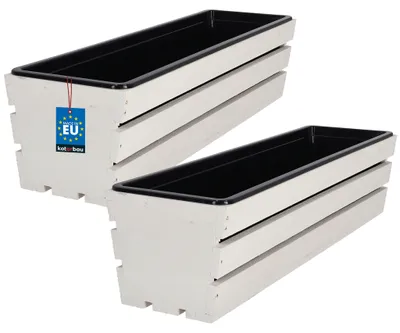 Produktbild von KOTARBAU® 2er Set Blumenkasten für Balkon 60x18x15cm Pflanzkasten Balkonkasten mit Kunststoffeinsatz Blumentopf Kräutertopf aus Kiefernholz Weiß