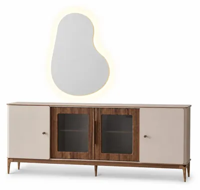 Obrázek produktu pro Moderní komoda, béžová, s dřevěnou konstrukcí, LED osvětlení, skleněné dveře