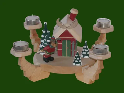 Produktbild von Adventsleuchter Elch mit Christbaum an der Hütte geschnitzt mit Teelichter Höhe 18,5cm NEU