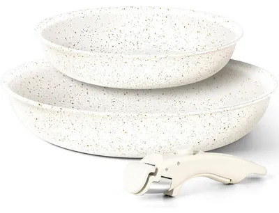 Zdjęcie produktu dla Zestaw patelni z powłoką granitową, 20/26 cm, nadaje się do użytku z płytami indukcyjnymi, można używać w piekarniku, bez , kolor biały