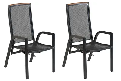 Two black outdoor chairs with mesh seats and backs, and wooden accents on the top of the backrests, are shown against a white background.