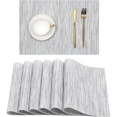 Produktbild von OKWISH Platzset Tischset Abwaschbar 6er Set PVC Abgrifffeste Hitzebeständig Rutschfest Platzdeckchen für Küche,Zuhause, Restaurant, Speisetisch Silber