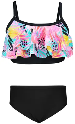 Produktbild von Aquarti Mädchen Bikini Set Bustier Bikinislip Zweiteiliger Badeanzug, Farbe: 030I mit Rüschen / Blätter / Rose / Gelb / Schwarz, Größe: 128