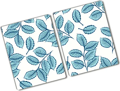 Produktbild von Tulup Glas Herdabdeckplatte - 2x40x52 cm - Glaskeramikkochfeld-Abdeckung Spritzschutz Glasabdeckplatte Kochplattenabdeckung und Schneidebrett - Zweiteilig - Blumen & Pflanzen - Blätter - Blau
