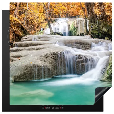 Produktbild von KitchenYeah© Herdabdeckplatte Wald - Wasserfall - Herbst , 78x78cm, Küche Deko, Glaskeramikkochfeld Herdabdeckung, Abdeckplatte fùr Kochfeld