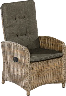 A single outdoor chair with cushions, isolated on a white background.