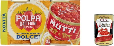 Produktbild von 24x Mutti Polpa Datterini natürlich süß Tomaten ( 300gr x 2 ), Datterini Tomatenpulpe Tomaten sauce 100% Italienisch + Italian Gourmet polpa 400g
