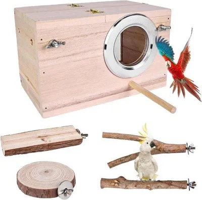 Produktbild von Holz Vogelnist für Papageien und Kleinvögel mit transparentem Design