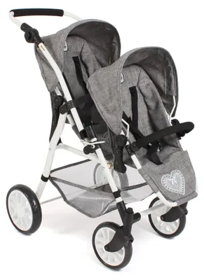 Obrázek produktu pro Tandemový kočárek pro panenky TWINNY Jeans grey - 4-6 let, 63 x 43 x 77 cm