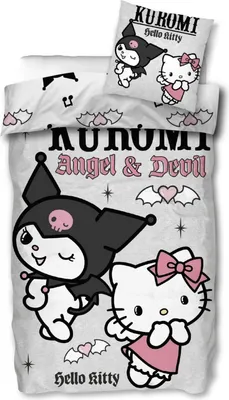 A bedding set featuring Hello Kitty and Kuromi characters, with text and graphics.