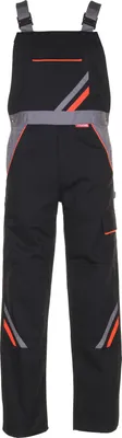 A pair of black overalls with gray and orange accents, presented against a white background.