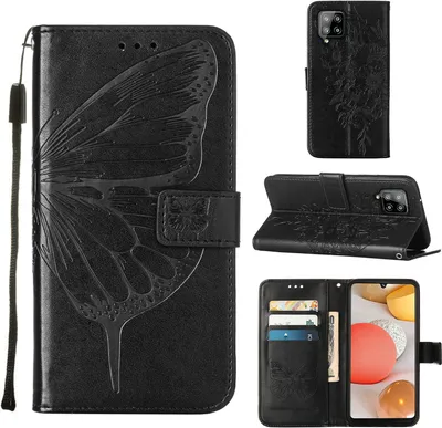 Produktbild von Galaxy A42 5G Hülle, Schmetterling Prägung Flip Leder Kartenfächer Schutzhülle Ledertasche mit Ständer für Samsung Galaxy A42 5G Schwarz