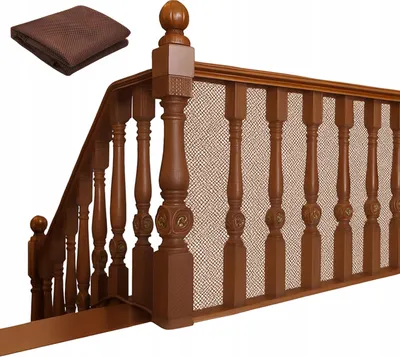 A wooden railing with a brown mesh safety net attached.