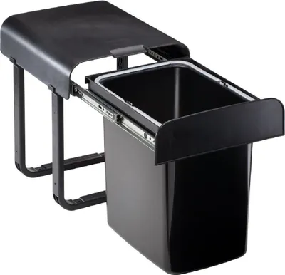 A black pull-out trash bin system with a metal frame and a plastic bin, shown from a slightly elevated side angle against a white background.