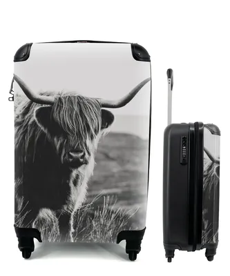 Produktbild von MuchoWow® Koffer Handgepäck Trolley Rollkoffer Kleine Reisekoffer mit 4 Rollen - Schottischer Hochlandbewohner - Natur - Kühe - Tiere - Schwarz und weiß - Cabin Size < 55x40x23 cm & 55x40x20 cm - Fotokoffer - Kabinenkoffer - Boardgepäck - Reise-Box - Reisekoffer - Reisegepäck - Koffer mit Bild - Trolley für Kinder