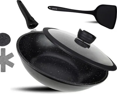 Produktbild von Induktionswok mit 30 cm Durchmesser, einschließlich Wokabdeckung, Pfannengriff mit Drehmechanismus und Wokmesserset für Antihaft-Pfanne.