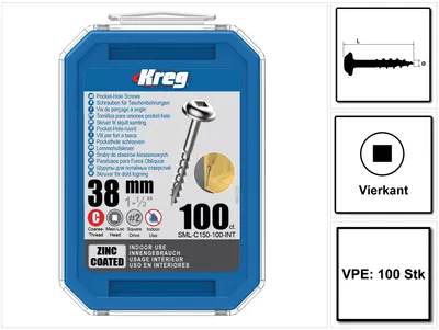 Productafbeelding van KREG Pocket-Hole panheadschroef 38mm 100 st. ( SML-C150-100 ) Vierkantaandrijving Gedeeltelijke draad Grove draad Zelftappend verzinkt