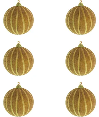Productafbeelding van 6 kerstbalset, gestreept, met glitter, goud, diameter 10 cm