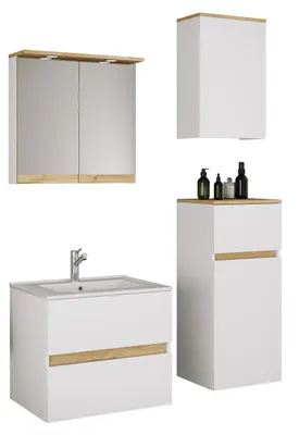 Zdjęcie produktu dla Zestaw mebli łazienkowych 5-częściowy z ceramiczną umywalką, szafką łazienkową z 2 szufladami z cichym domykiem, szafką średniej wysokości, szafką wiszącą, szafką z lustrem, oświetleniem i gniazdkiem, wymiarami szafki pod umywalkę: wys. 51 x szer. 61 x gł. 47 cm, Cosila-I